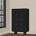 Modern Black Entryway Side Cabinet With Multiple Drawers Doors And Metal Handles In Corner