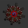 Futuristic Mechanical Building With Central Blue Red Sphere Metallic Spiked Structure And Illuminated Base