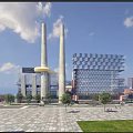Modern Office Building with Geometric Facade Glass Curtain Wall Tall Chimneys and Plaza Trees