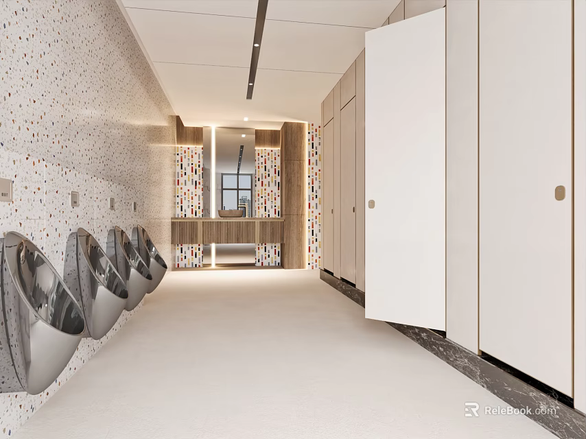 Modern Public Restroom Interior With Urinals Stalls And Tiled Walls 3d model 