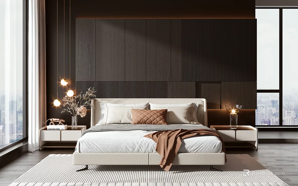 Modern Bedroom With Beige Double Bed Dark Wooden Wall Paneling Pendant Lights And Nightstands 3d model 