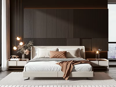 Modern Bedroom With Beige Double Bed Dark Wooden Wall Paneling Pendant Lights And Nightstands 3d model
