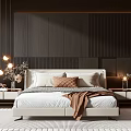 Modern Bedroom With Beige Double Bed Dark Wooden Wall Paneling Pendant Lights And Nightstands