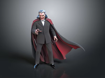 3D Vampire Character In Black Suit With Red Cape Blue Hair And Outstretched Hand 3d model