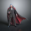 3D Vampire Character In Black Suit With Red Cape Blue Hair And Outstretched Hand