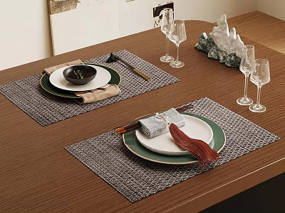 Stylish Dining Table Setting With Woven Placemats Ceramic Plates Wine Glasses And Decor 3d model
