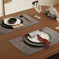 Stylish Dining Table Setting With Woven Placemats Ceramic Plates Wine Glasses And Decor 3d model