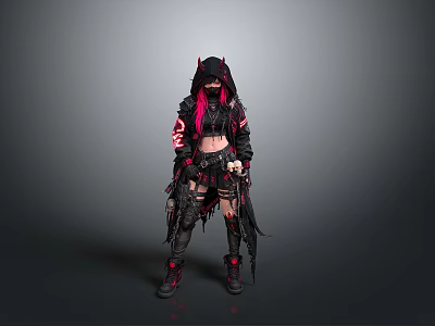 Woman With Pink Hair And Horned Headdress In Black Red Gothic Outfit Holding Skull Accessory 3d model