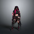 Woman With Pink Hair And Horned Headdress In Black Red Gothic Outfit Holding Skull Accessory