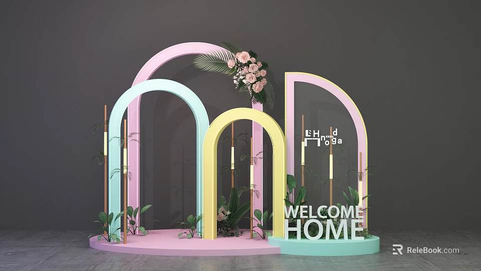 Colorful Display Stand With Pink Blue Yellow Arches Green Plants Flowers And Welcome Home Sign 3d model 