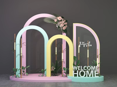 Colorful Display Stand With Pink Blue Yellow Arches Green Plants Flowers And Welcome Home Sign 3d model