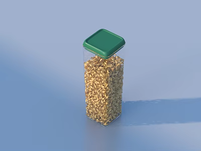Clear Square Kitchen Storage Jar With Green Lid Holding Brown Grains 3d model