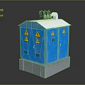 Computer Equipment Cabinet Blue With Yellow Warning Signs And Concrete Base