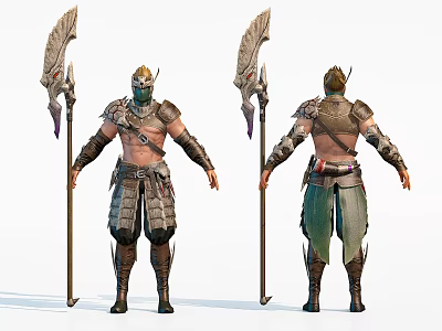 Game and Movie Warrior Character With Armor Spear Front and Back Views 3d model