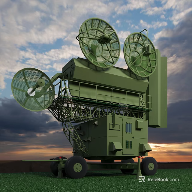 Green Military Weapon Radar System With Three Large Dishes On Mobile Wheeled Platform 3d model 