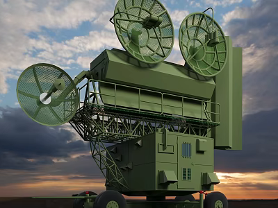 Green Military Weapon Radar System With Three Large Dishes On Mobile Wheeled Platform 3d model