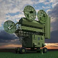 Green Military Weapon Radar System With Three Large Dishes On Mobile Wheeled Platform