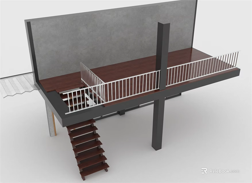 Brown Wooden Stairs Connecting Upper Platform With White Railing Dark Floor And Gray Wall 3d model 