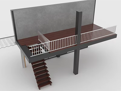 Brown Wooden Stairs Connecting Upper Platform With White Railing Dark Floor And Gray Wall 3d model