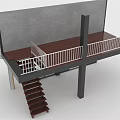 Brown Wooden Stairs Connecting Upper Platform With White Railing Dark Floor And Gray Wall