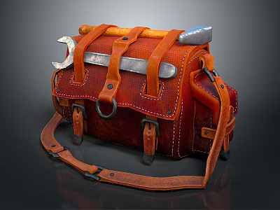 Red Leather Tool Bag With Wrench Hammer And Sturdy Straps For Daily Use 3d model