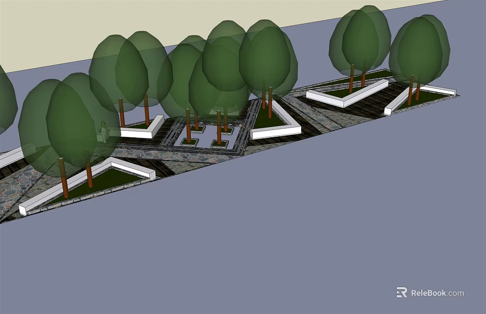 Geometric Outdoor Tree Planters With Green Trees And Paved Ground Design 3d model 