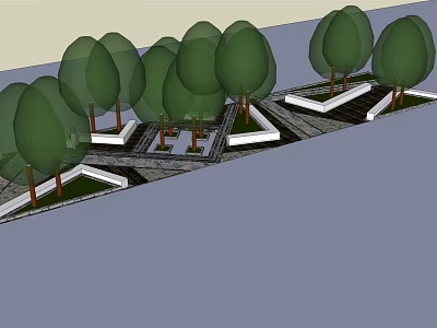 Geometric Outdoor Tree Planters With Green Trees And Paved Ground Design 3d model