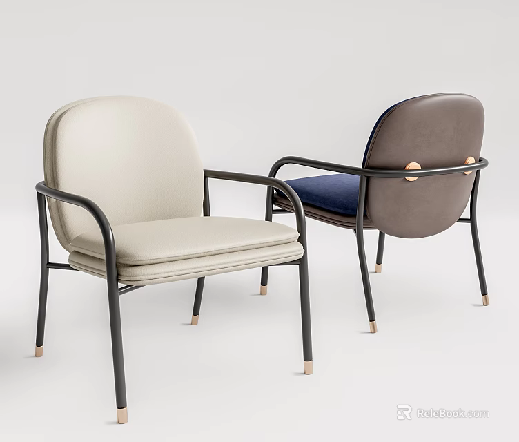 Stylish Modern Leisure Chairs With Beige Gray Upholstery And Black Metal Golden Tipped Legs 3d model 