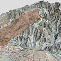 3D Rendered Mountain Landscape with Peaks Valleys and Urban Layout at Base