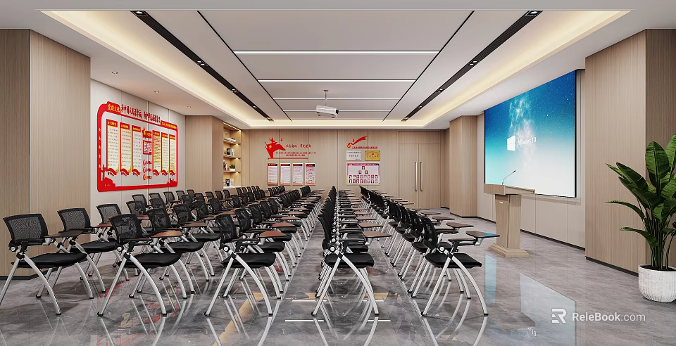 Modern Conference Room Interior With Rows of Black Chairs Large Screen and Display Boards 3d model 
