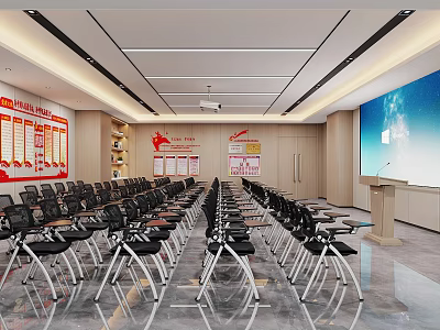 Modern Conference Room Interior With Rows of Black Chairs Large Screen and Display Boards 3d model