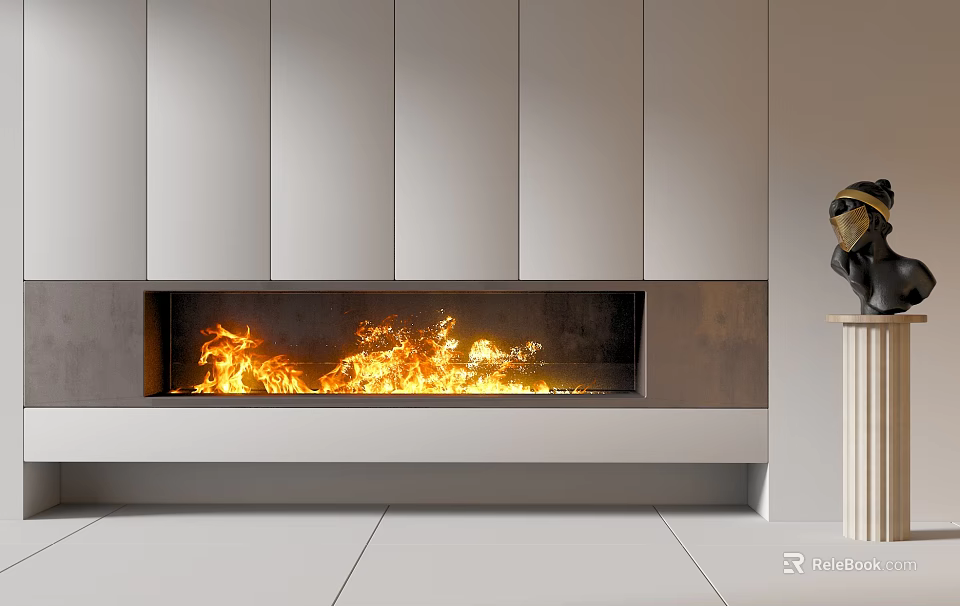 Modern Fireplace With Burning Flame In Contemporary Interior With White Cabinetry And Decorative Sculpture 3d model 