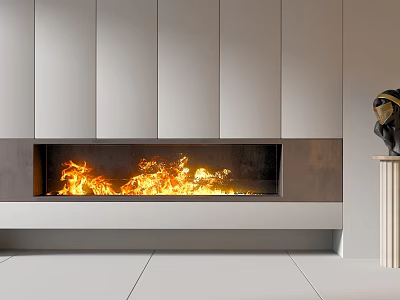 Modern Fireplace With Burning Flame In Contemporary Interior With White Cabinetry And Decorative Sculpture 3d model