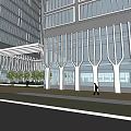 Modern Office Building With Glass Facade And Urban Pedestrian Walkway Design