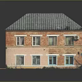 Vintage Red Brick Building Exterior With Gray Roof Red Door Multiple Windows And Chimney