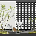 Modern Indoor Landscape With White Giraffe Sculptures Green Plants Moss Stone And Grid Patterned Screen