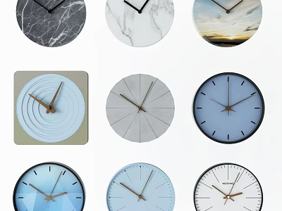 Various Modern Clocks With Marble Texture Round Square Shapes And Blue Gray Colors 3d model