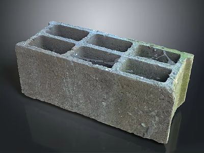 Gray Concrete Construction Block Featuring Multiple Holes And Rough Surface Texture 3d model