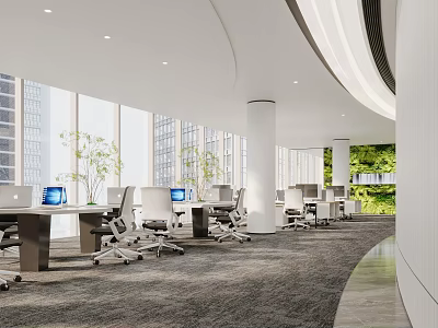 Modern Public Office Space With Workstations Ergonomic Chairs And City View Through Large Windows 3d model