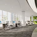 Modern Public Office Space With Workstations Ergonomic Chairs And City View Through Large Windows