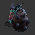 Green Spiked Warrior Monster Character With Orange Glowing Eyes And Weapon Shield