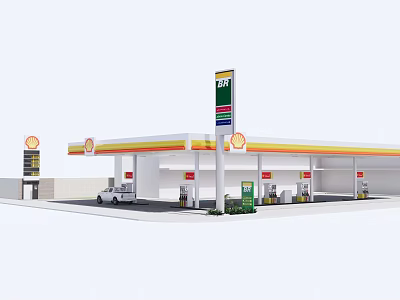 Modern Gas Station With Multiple Fuel Pumps Canopy And Vehicle Refueling 3d model