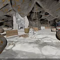 Ancient Cave Interior Featuring Stone Structures Baskets Pottery Jars and Stone Floor