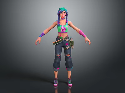 Vibrant Haired 3D Character Wearing Green Tank Top With Skull Design And Ripped Jeans 3d model