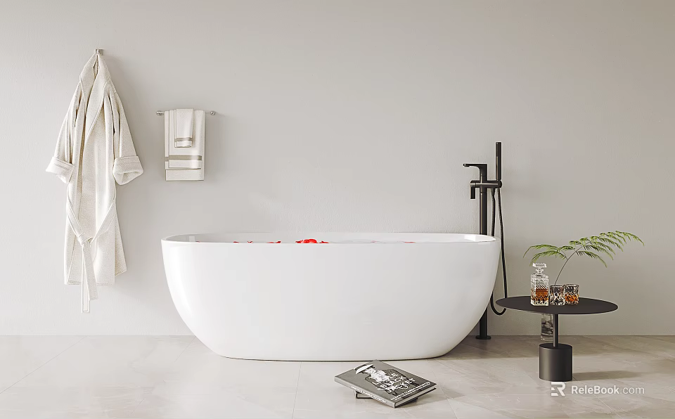 White Bathtub with Red Petals Hanging White Robe Towel Rack Side Table and Green Plant 3d model 