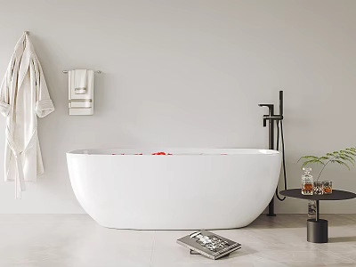 White Bathtub with Red Petals Hanging White Robe Towel Rack Side Table and Green Plant 3d model