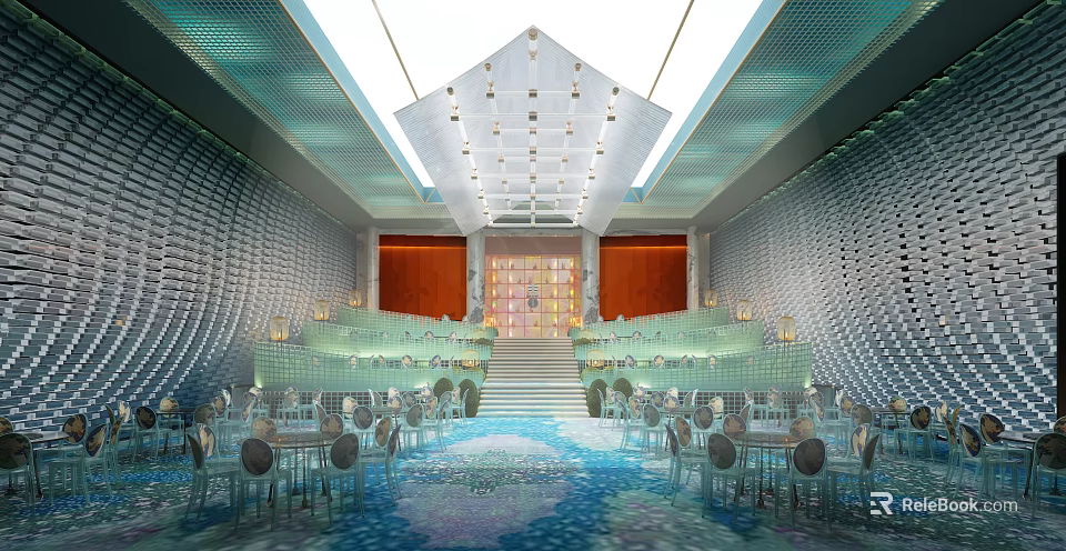Elegant Banquet Hall With Unique Ceiling Design Textured Walls And Arranged Tables Chairs 3d model 