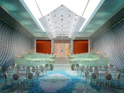 Elegant Banquet Hall With Unique Ceiling Design Textured Walls And Arranged Tables Chairs 3d model