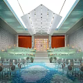Elegant Banquet Hall With Unique Ceiling Design Textured Walls And Arranged Tables Chairs
