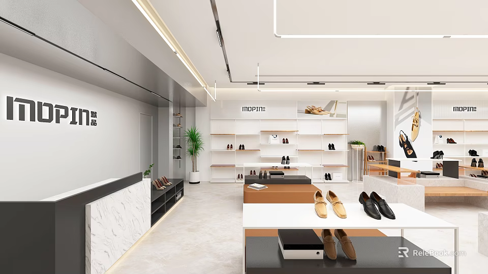 Modern Shoe Store Interior With Display Shelves And Showcased Shoes 3d model 
